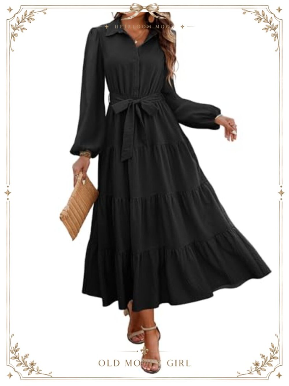 Women's Long Sleeve V Neck Button Down Belted A-Line Flowy Maxi Shirt Dress